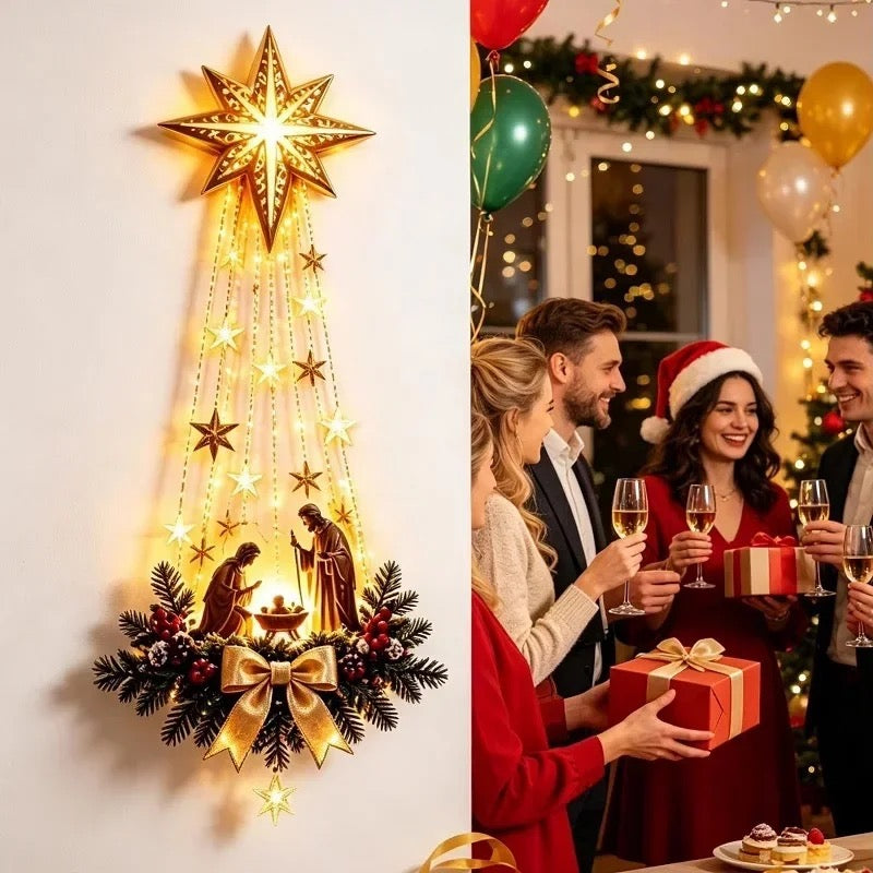 Golden 3D Star of Bethlehem with a cascade of warm LED lights