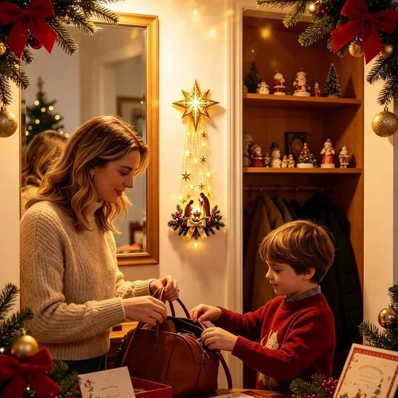 Family looking at the lighted Star of Bethlehem Nativity decoration