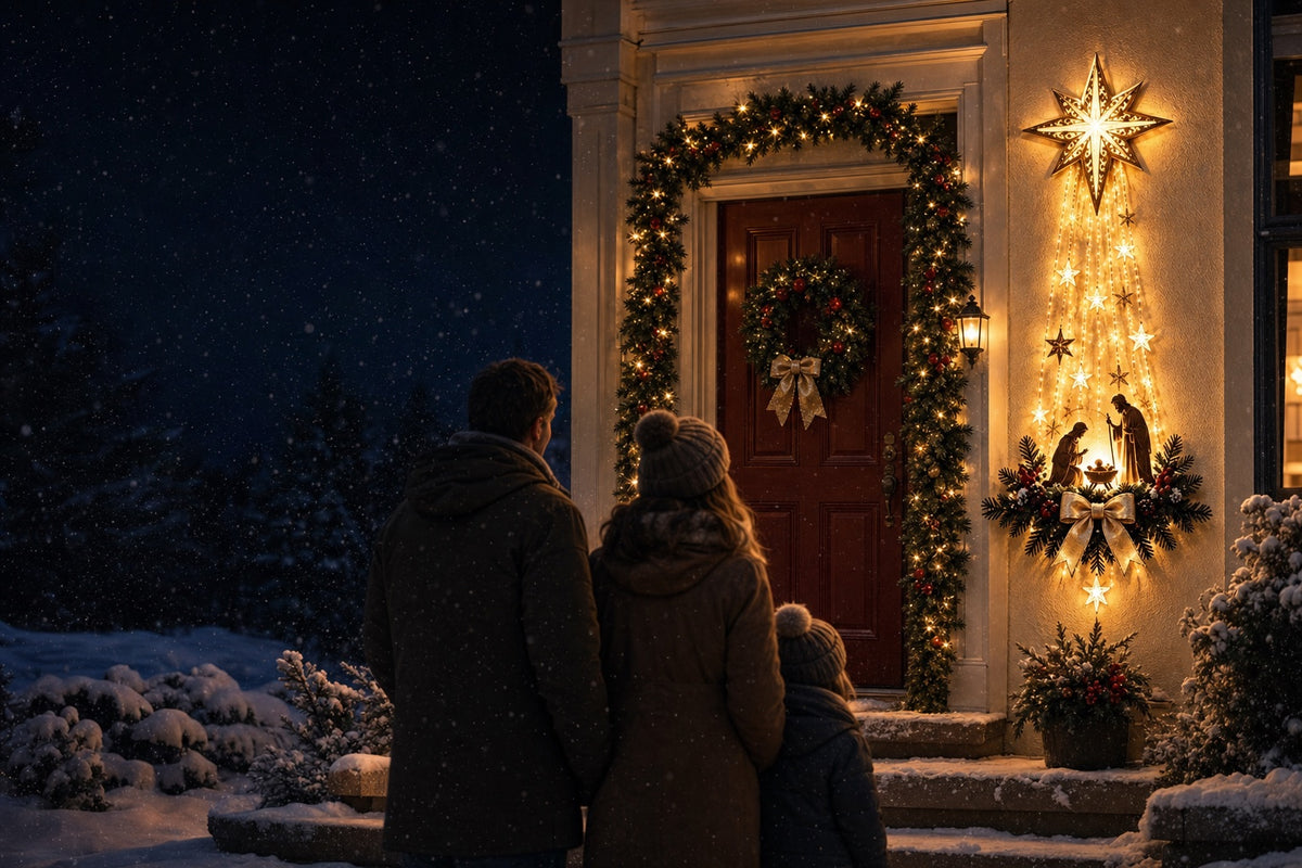 Family admiring the lighted Star of Bethlehem Nativity decor by their front door at night