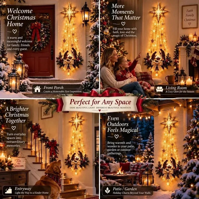 Star of Bethlehem Nativity wall decor shown in a living room, entryway and porch