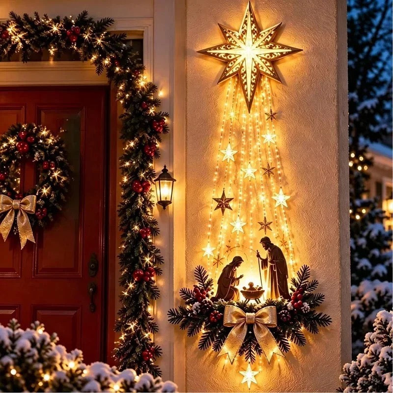 Lighted Star of Bethlehem wall decor with the Holy Family and golden bow
