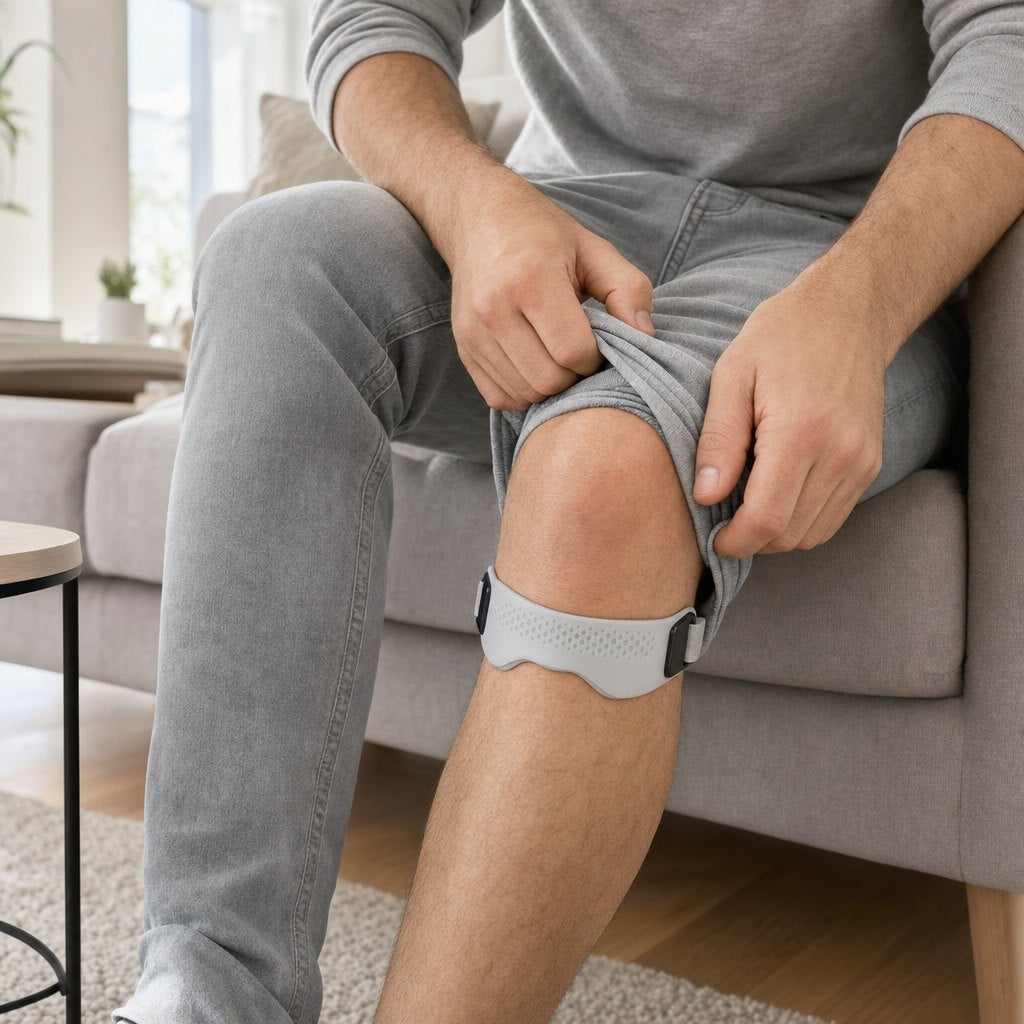 The patella strap fits discreetly under trousers