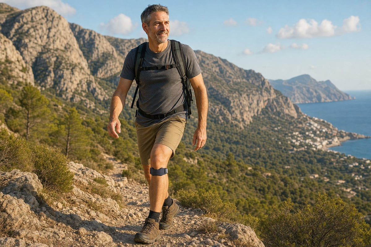 Hiker on a mountain trail wearing the patella strap